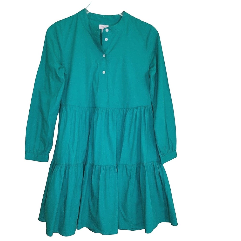 J Crew‎ Boho Tiered Babydoll Dress Green Cottage Peasant Long Sleeve Cotton XS
